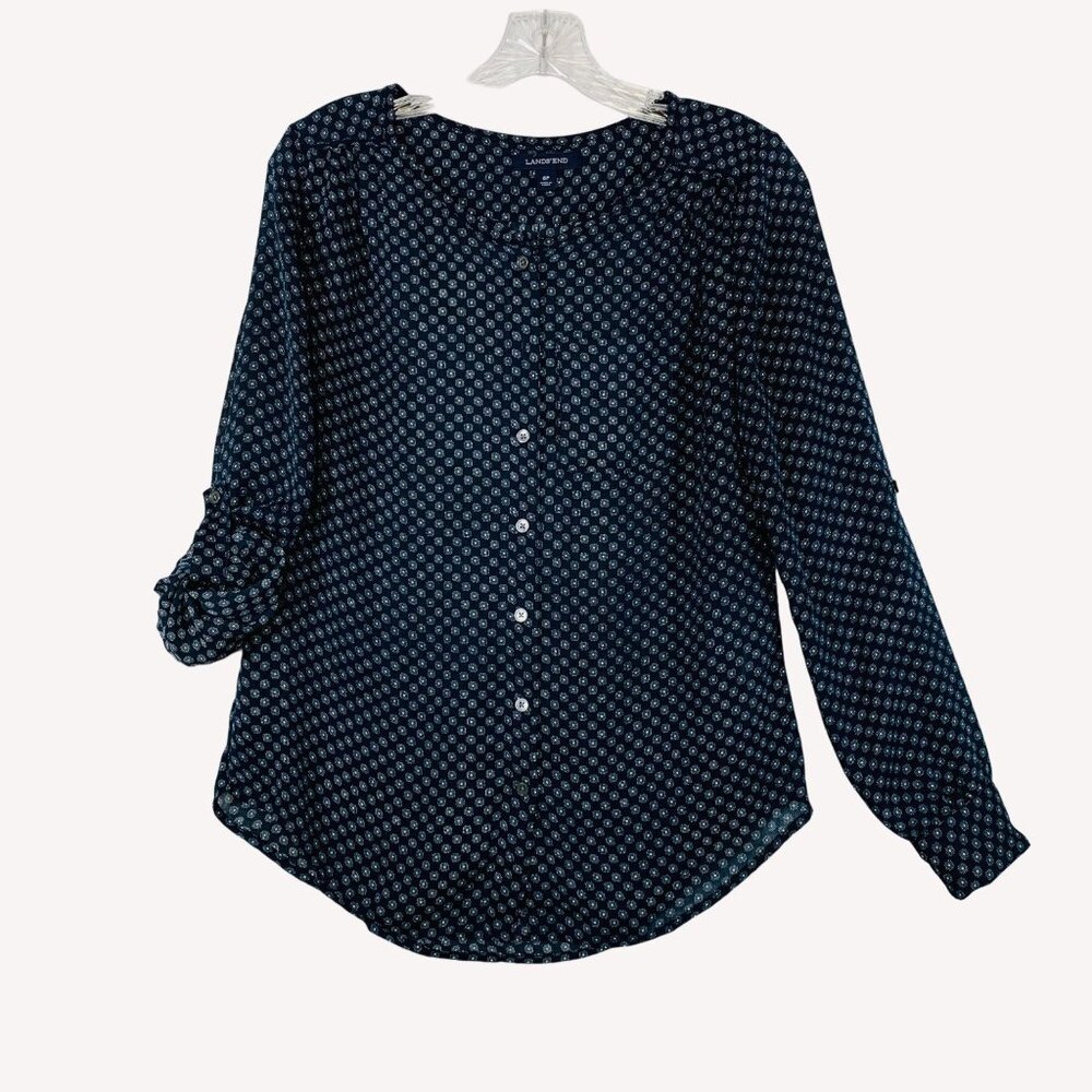 Lands End Womens Blouse Blue Kerchief Dot Petit Size 6 Button Up Roll Tab Sleeve